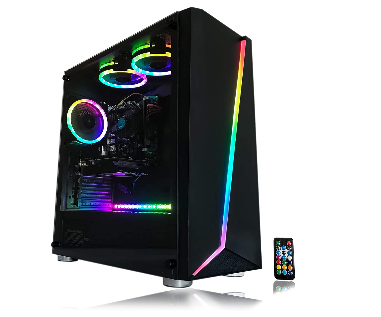 A black PC featuring RGB lighting and a clear panel on the side.