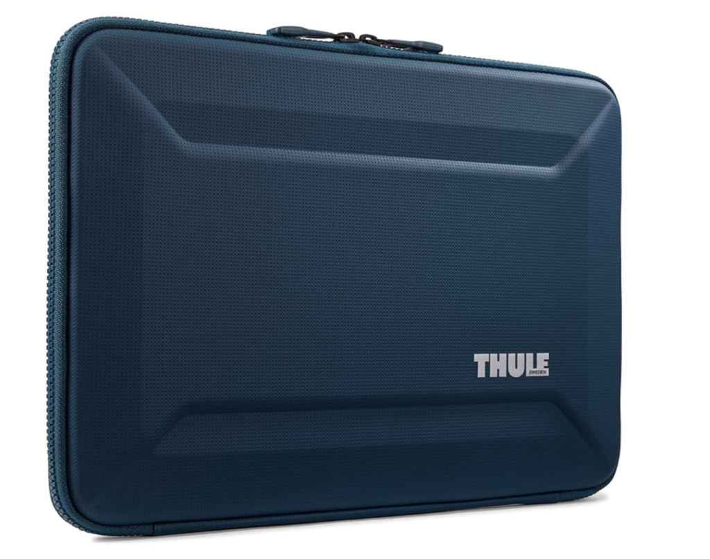 Thule Gauntlet Sleeve product image of a dark blue case with white branding bottom right.