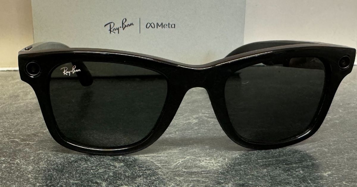Ray-Ban Meta Wayfarer sunglasses in front of the box they arrive in