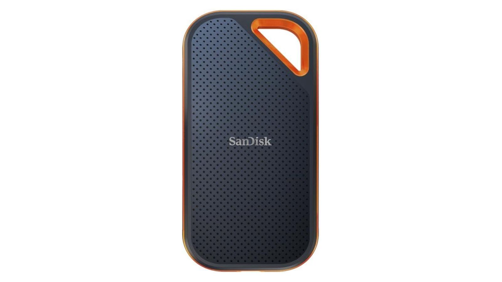 SanDisk Extreme Pro product image of a dark grey and orange, rectangular hard drive.
