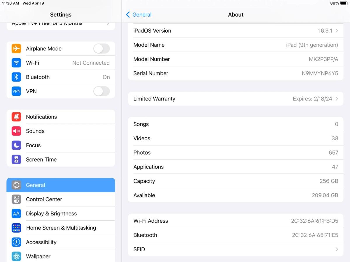 A screenshot of the About section in the Settings app. 