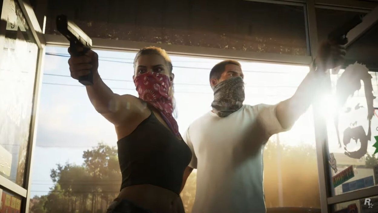 GTA 6 screen grab showing two characters one male, one female brandishing firearms