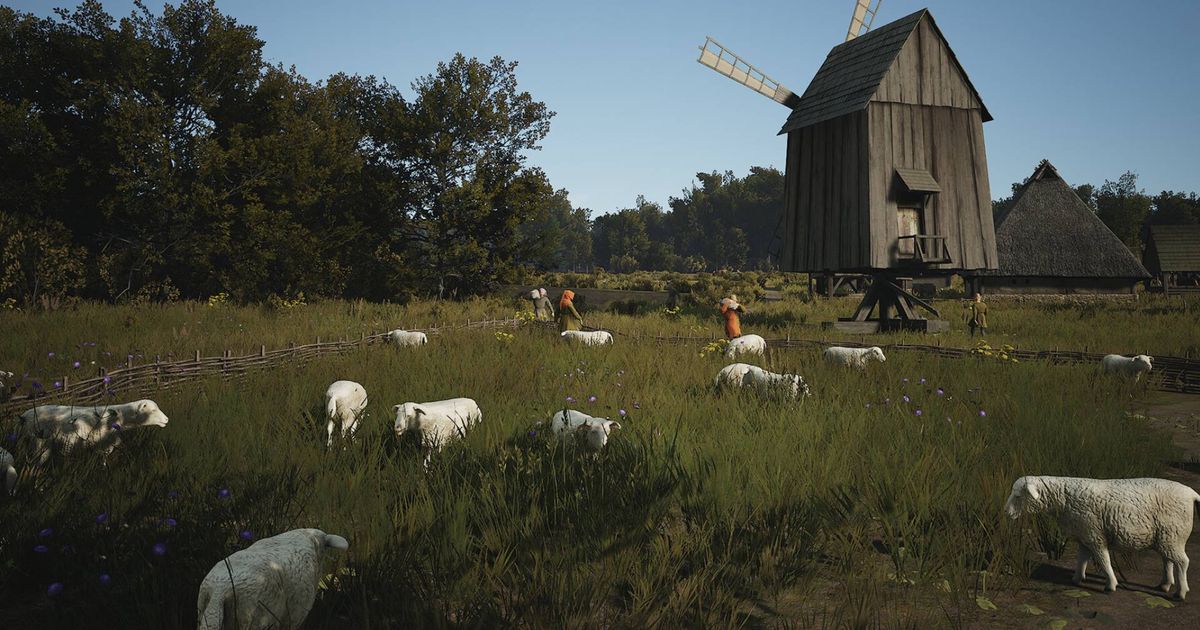 Manor Lords first-person: A scenic shot of a farm, featuring several sheep and villagers, with a large mill in the background.