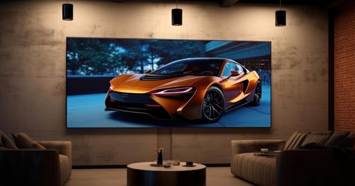 Image of a large flatscreen TV mounted to a wall in a living room under three downward facing lights. The TV features an orange supercar on the display.