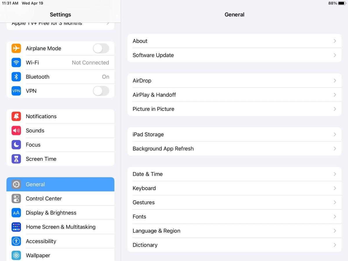 A screenshot of the General section in the Settings app. 