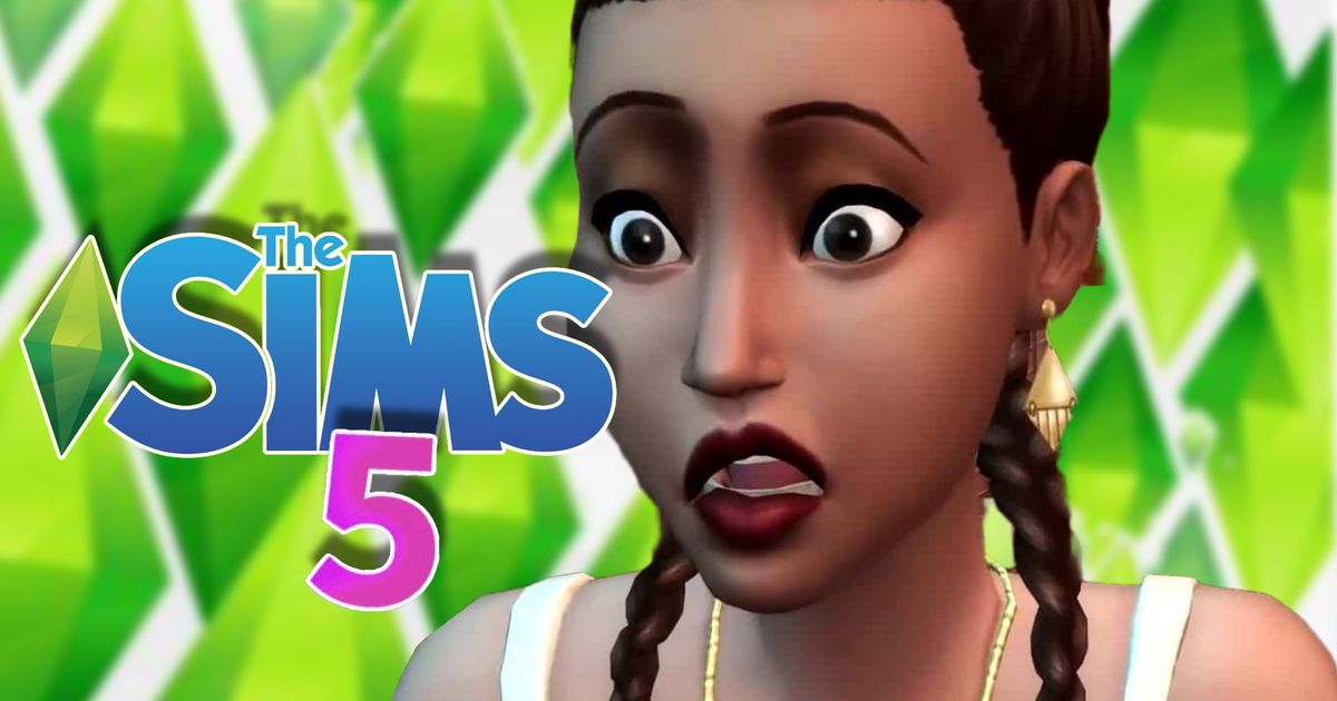 the-sims-5-leaked an image of a sims character on a background looking shocked with the sims 5 logo on it 