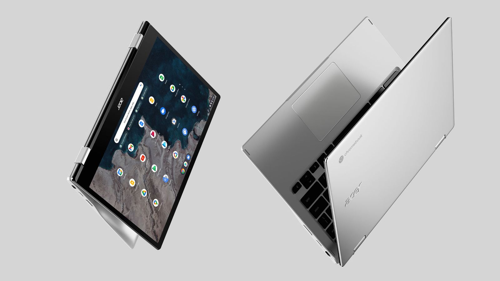 Two Acer Chromebook Spin 513 2-in-1 laptops in silver, one almost folded shut, the other folded into a tablet.