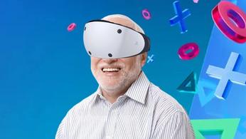 Hide the Pain Harold from stock images wearing a PSVR 2 headset in front of the Days of Play wallpaper