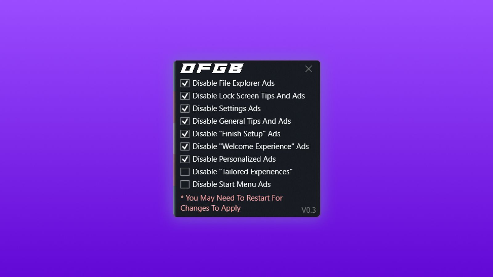 OFGB tool control panel on purple gradient