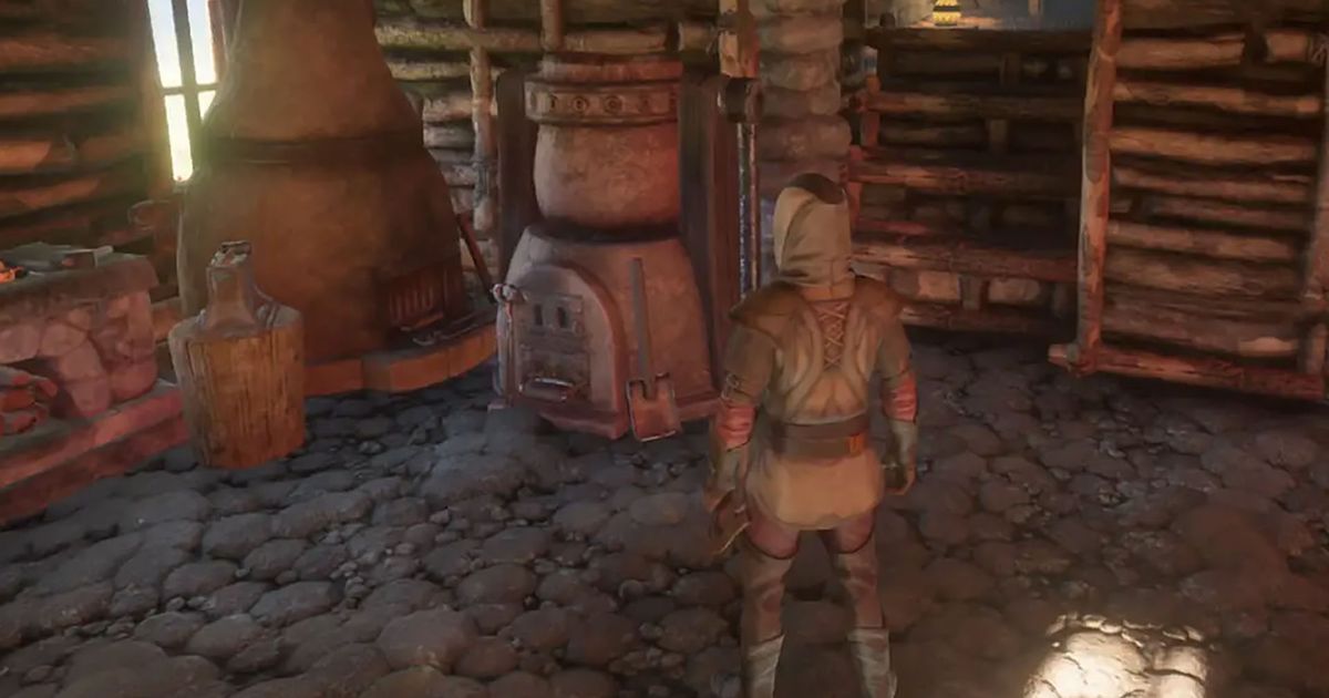 Enshrouded player stood near furnace crafting bronze bars