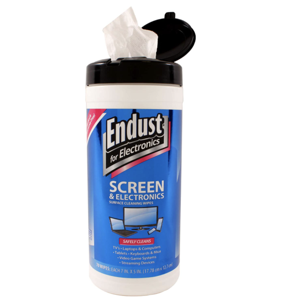Endust product image of a wipe container with a black lid and a wipe coming out of it, featuring a blue and pink label around it.