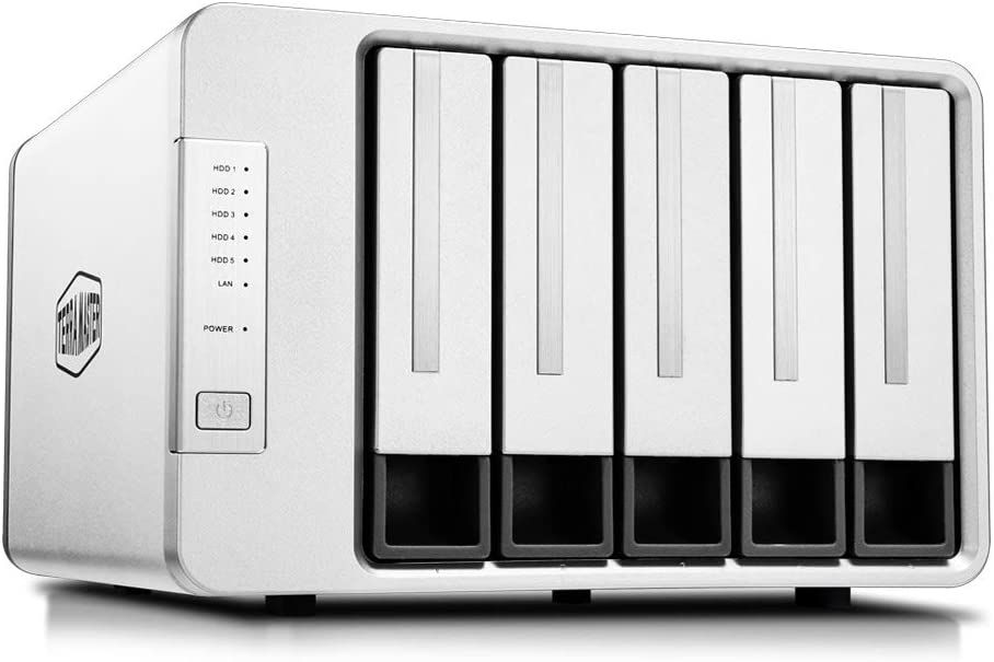 TerraMaster F5-422 product image of a 5-bay all-white NAS device.