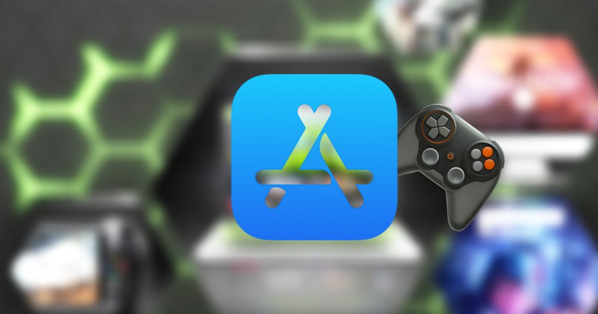 Apple App Store logo with a controller emoji next to it and in front of a GeForce Now image