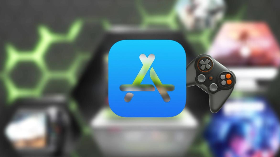 Apple App Store logo with a controller emoji next to it and in front of a GeForce Now image