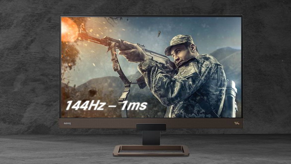 Image of a BenQ monitor featuring a solider in camo shooting a gun on the display.