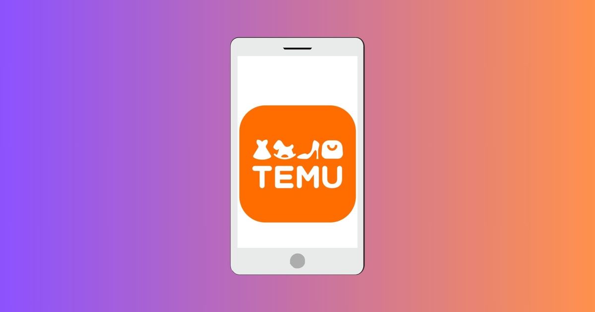 An iPhone on a purple/orange background. The orange icon of TEMU is able to be seen on the iPhone's screen.
