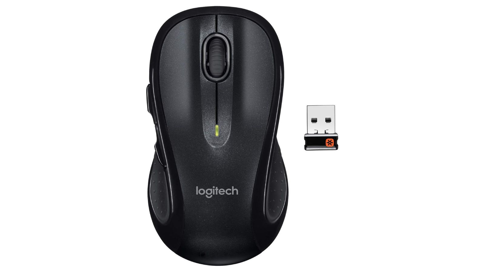 Logitech M510 product image of an all-black wireless mouse next to a USB stick.