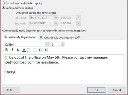 A screenshot of the Automatic Reply settings and options in Microsoft Outlook.