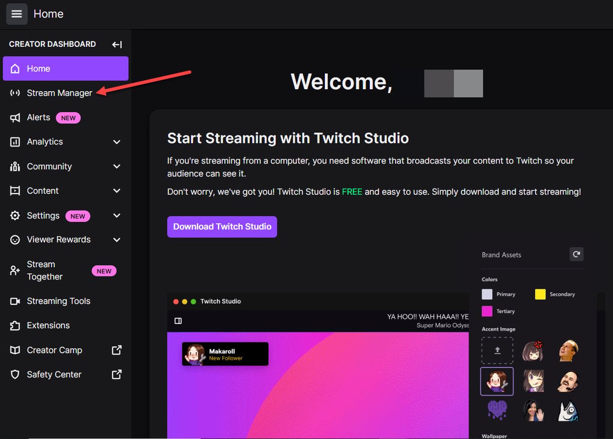 A screenshot showing the location of the Stream Manager option within the Creator Dashboard, which is used to start Twitch raids