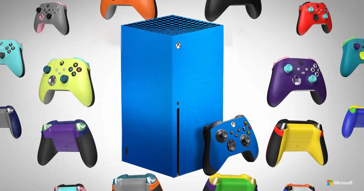 A custom blue Xbox Series X console surrounded by a horde of custom controllers  