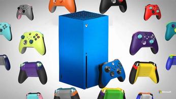 A custom blue Xbox Series X console surrounded by a horde of custom controllers  