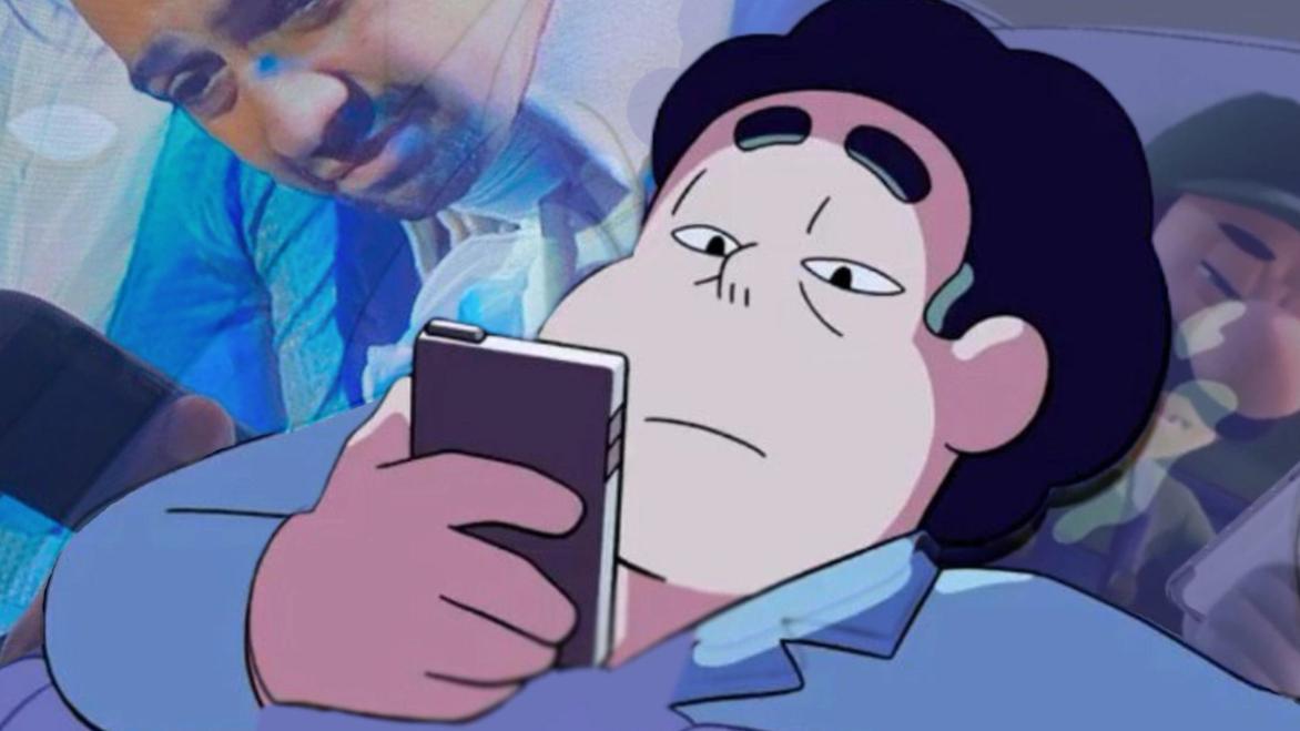 Stephen Universe, Luigi and Alexander Hamilton looking in disgust at their mobile smartphones 