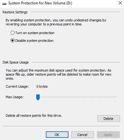 A screenshot of System Protection and Disk System Usage in Windows 10. 