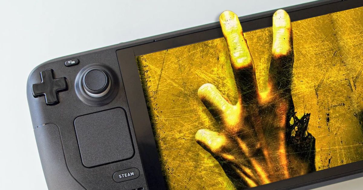 Steam Deck 2 - the original Steam Deck handheld with the Left 4 Dead 2 hand reaching out of the screen 