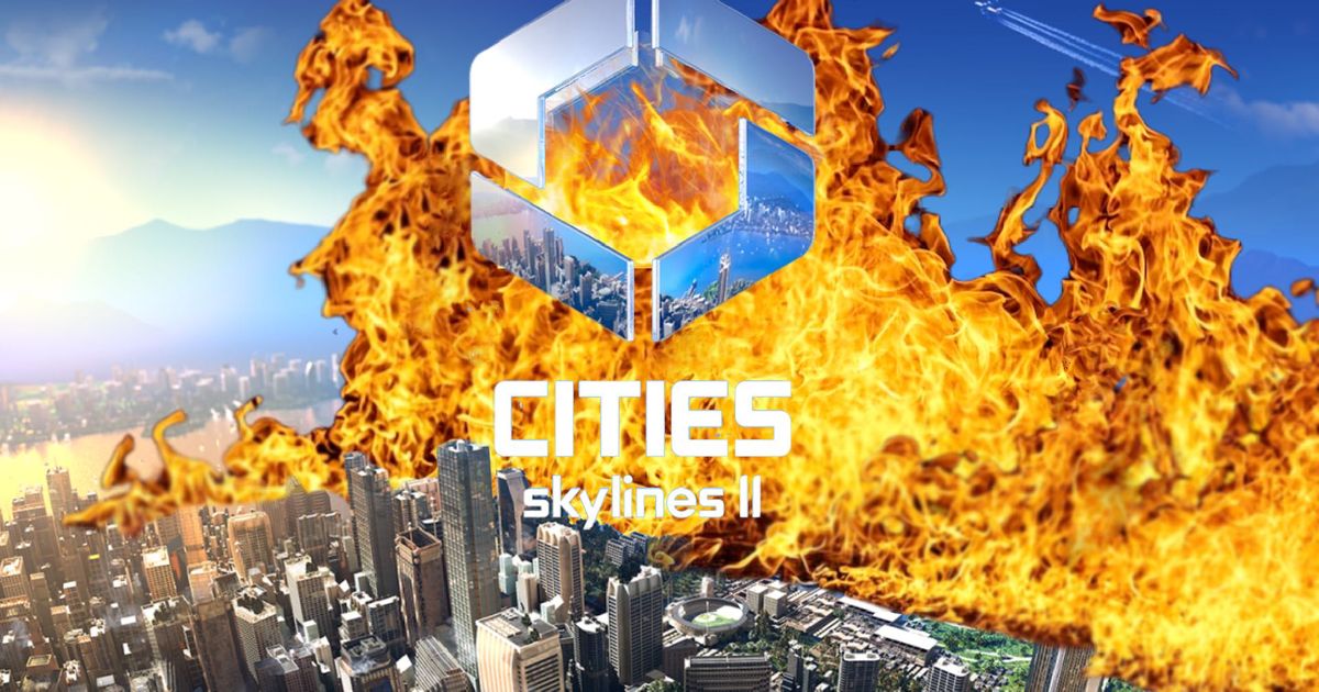The cities skylines 2 keyart on fire 