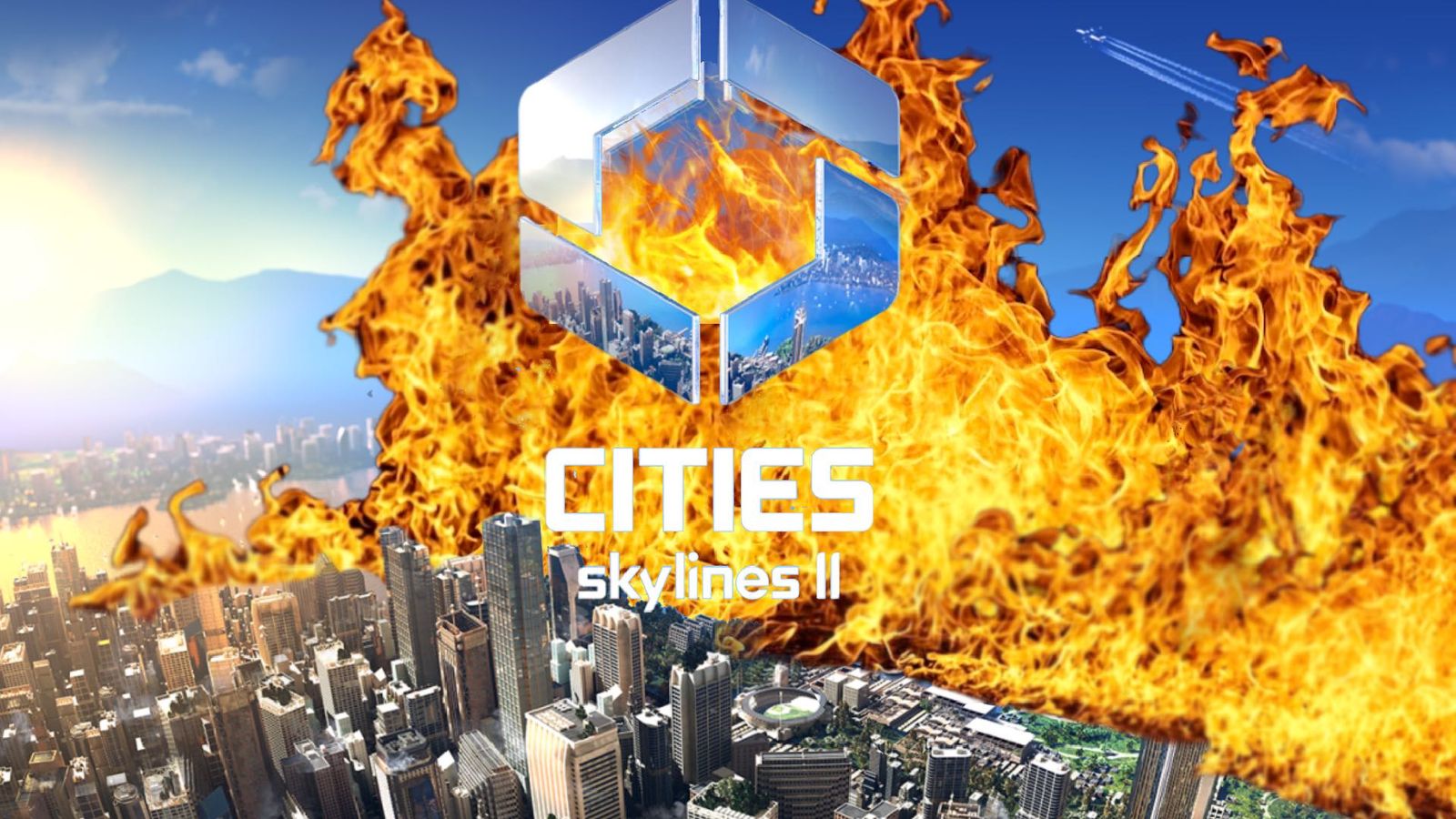 The cities skylines 2 keyart on fire 