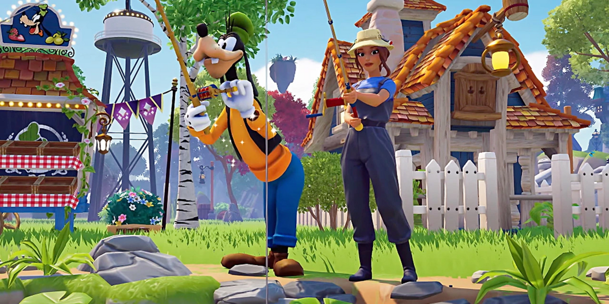 disney dreamlight valley new biome a custome avatar goes fishing with goofy
