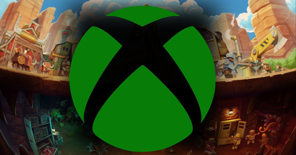 Xbox logo against a background of SteamWorld Build key art