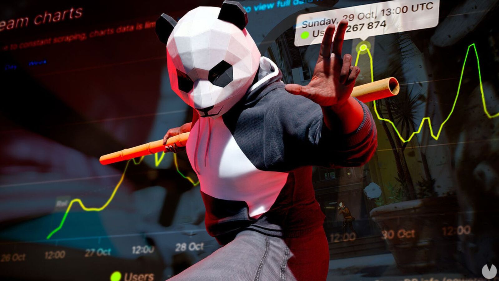 A The Finals character dressed as a panda using a bamboo stick as a melee weapon