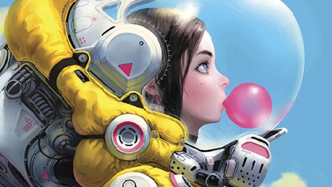 An image of a cover of Clakesworld Magazine Issue 173, the magazine that closed submissions due to ChatGPT spam. The image shows a young girl in a suit blowing bubble gum 