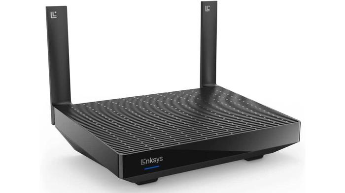 Best small Wi-Fi router - Linksys Hydra Pro 6 AX5400 product image of a black router with two upright antennae.