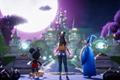 Mickey Mouse, Merlin and a woman look across a bridge to a magical castle - dreamlight valley quest bug