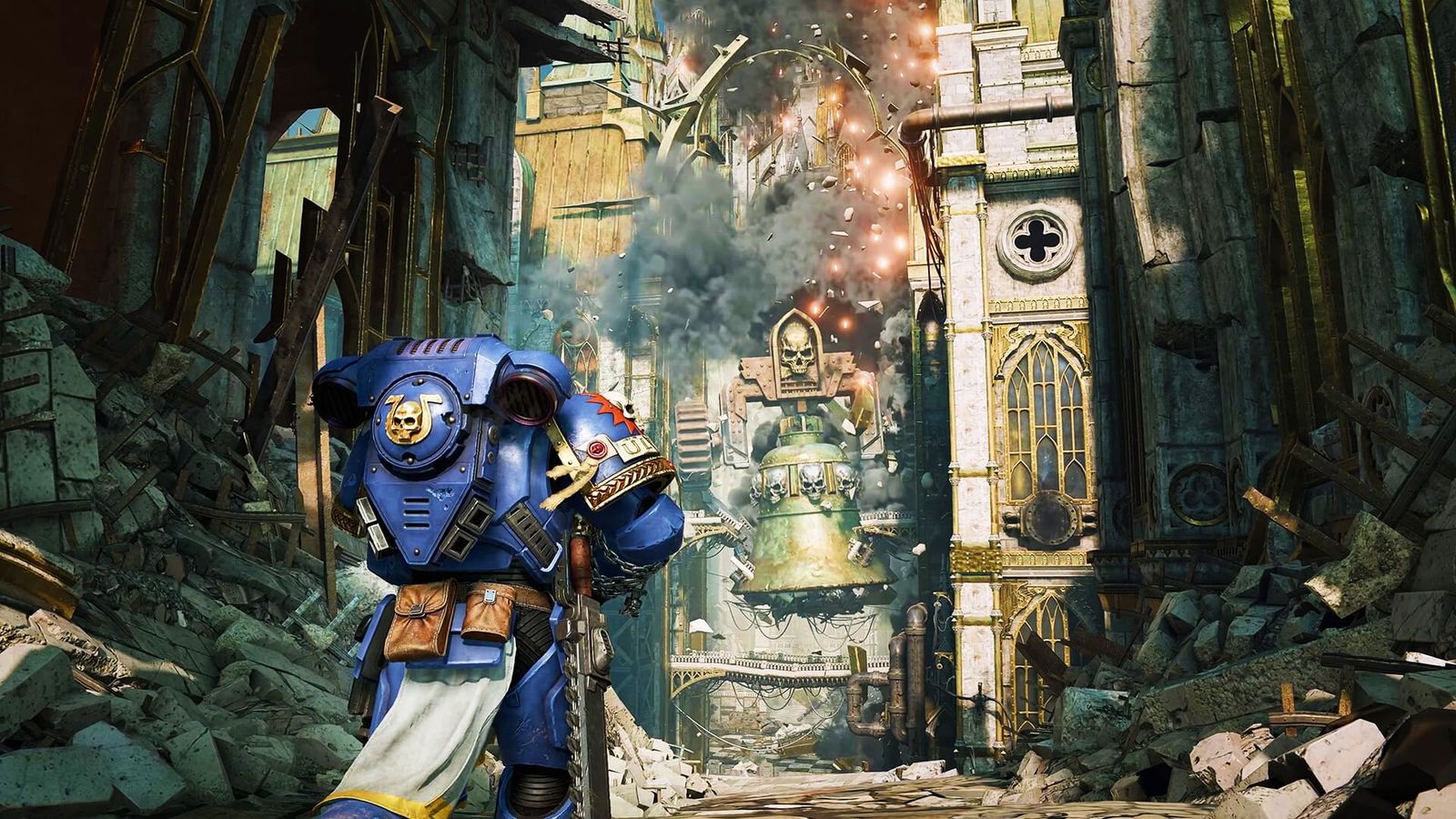 Warhammer 40k: Space Marine 2 - soldier in blue and gold stood in front of a crumbling bell-tower.