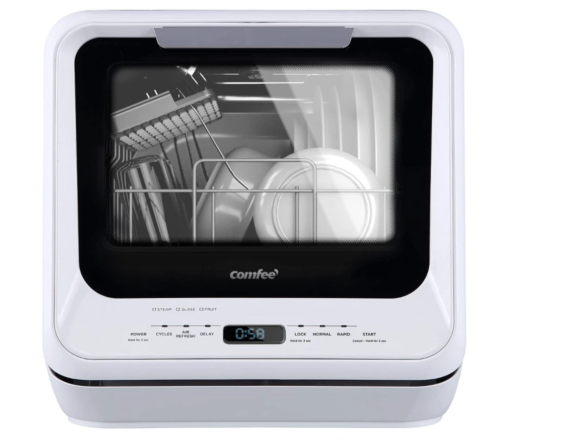 COMFEE product image of a white countertop dishwasher with an black and clear panel front.