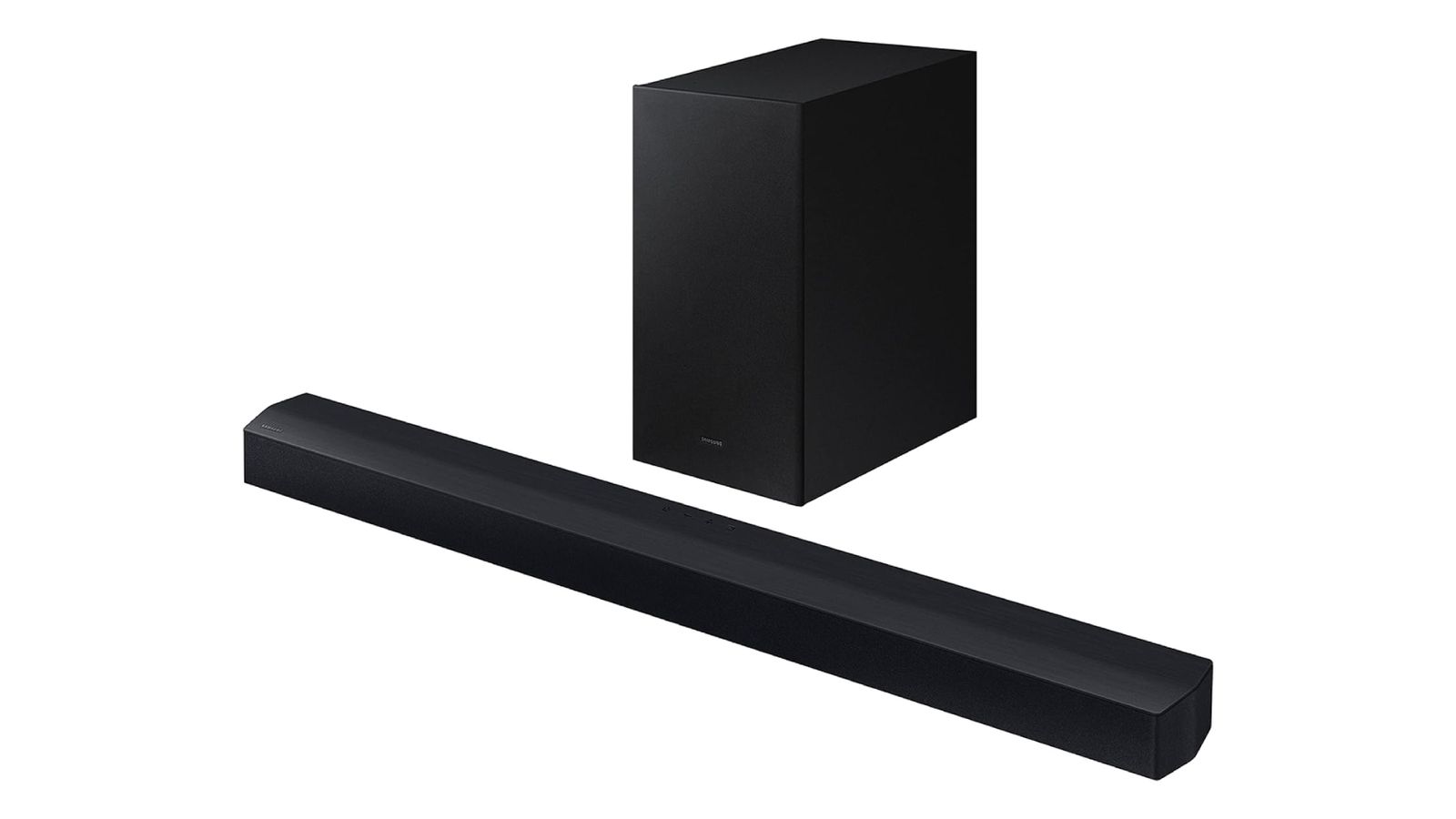 Samsung HW-C450 product image of a black rectangular soundbar next to a subwoofer.