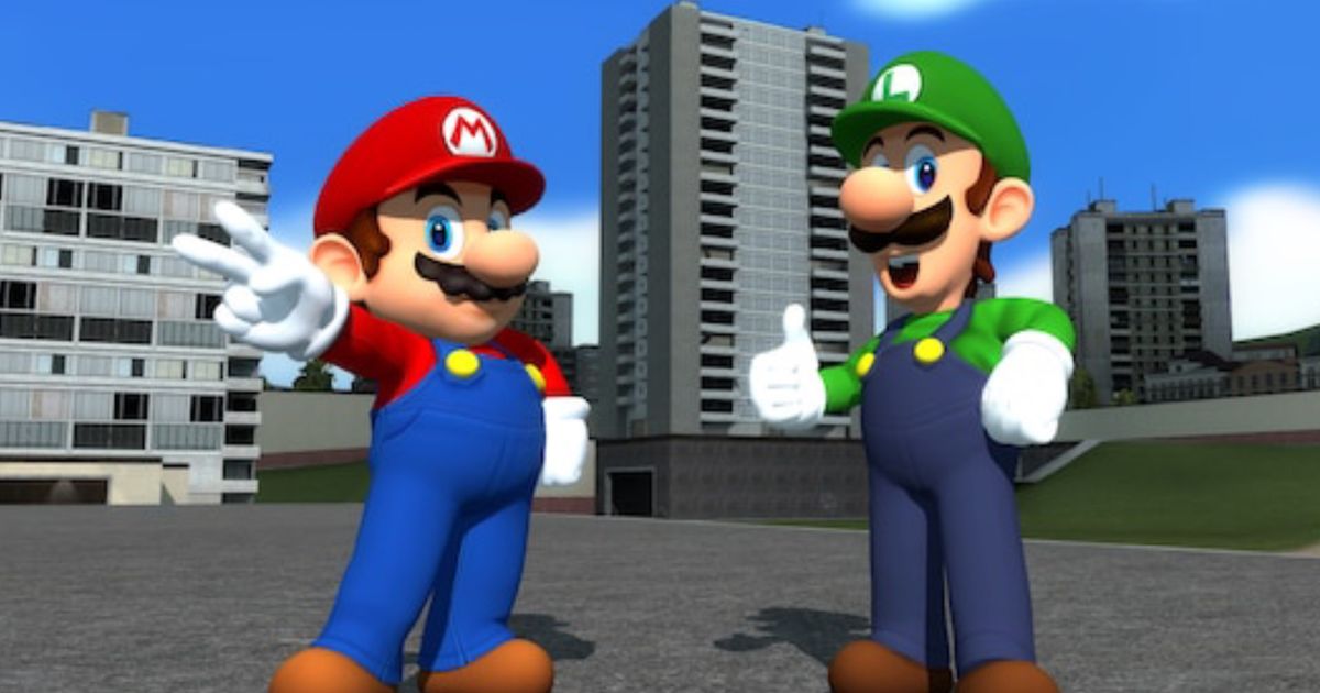 Mario and Luigi posing in GMOD’s city map 