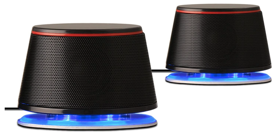 Sanyun SW102 product image of a pair of black elliptical speakers featuring red rings around the top and blue underlighting.