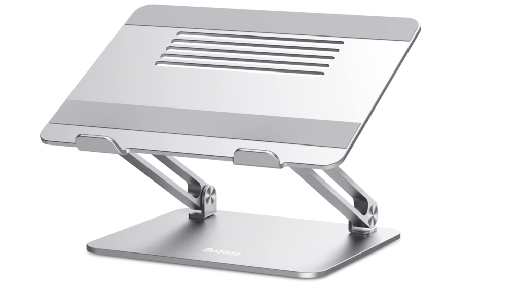 Boyata Laptop Riser product image of a silver and grey adjustable laptop stand.