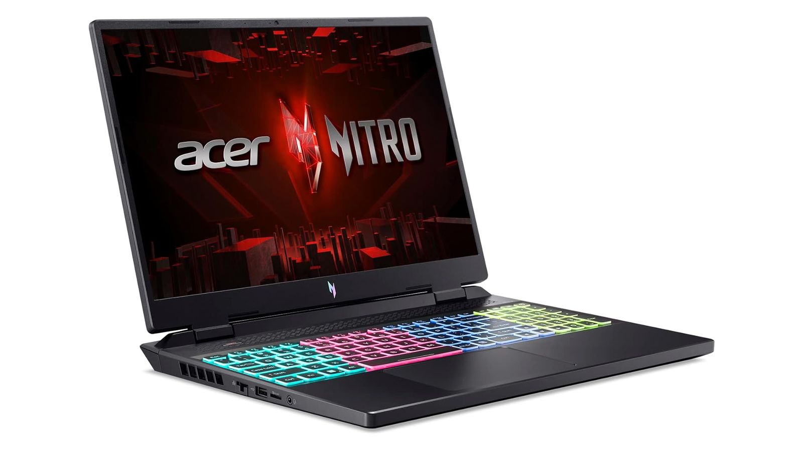 Acer Nitro 16 product image of a black laptop open with multicoloured backlit keys.