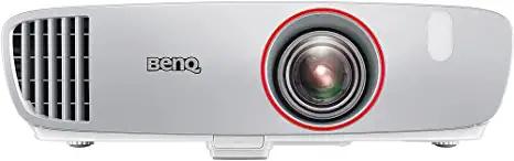 A white projector with a red light around the lens.