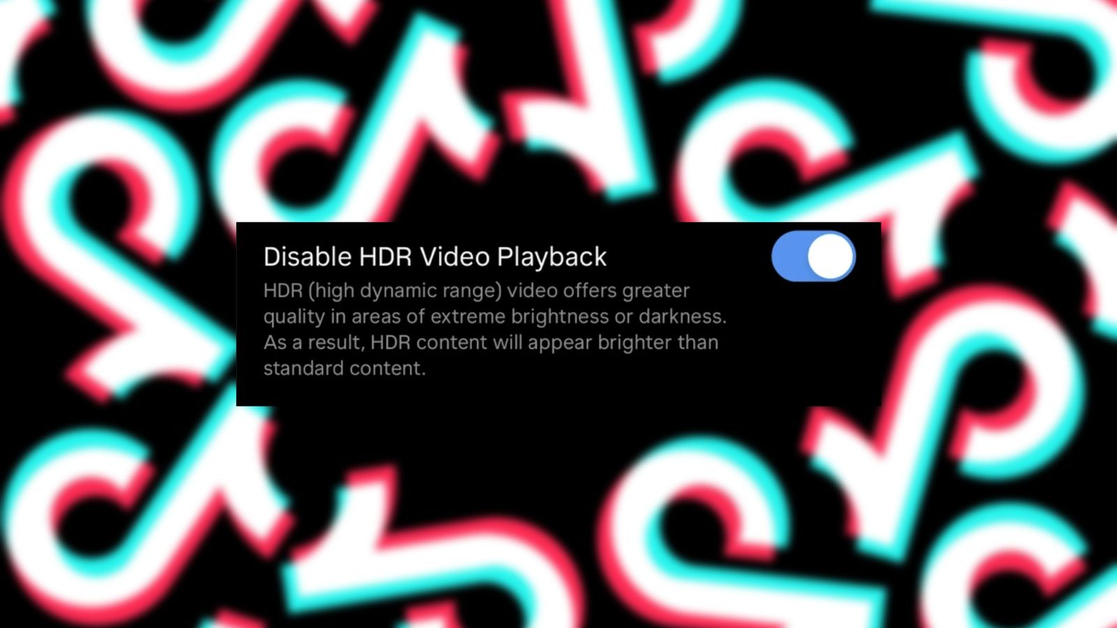An image with TikTok logos and an option to disable HDR video playback - turn off HDR on TikTok 