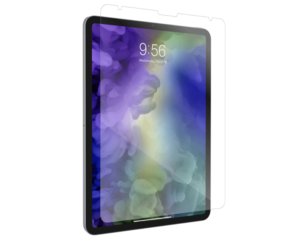ZAGG InvisibleShield Glass Plus product image of a screen protector being placed on a black iPad.