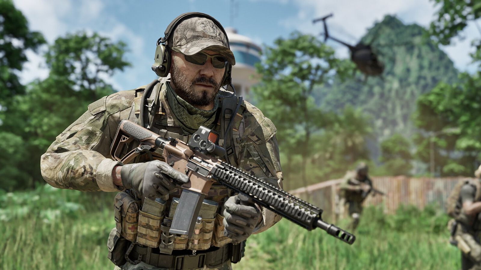 Gray Zone Warfare Leave No Man Behind: A close-up of a soldier wearing tactical gear and holding a rifle at the ready, while other soldiers walk past in the background.