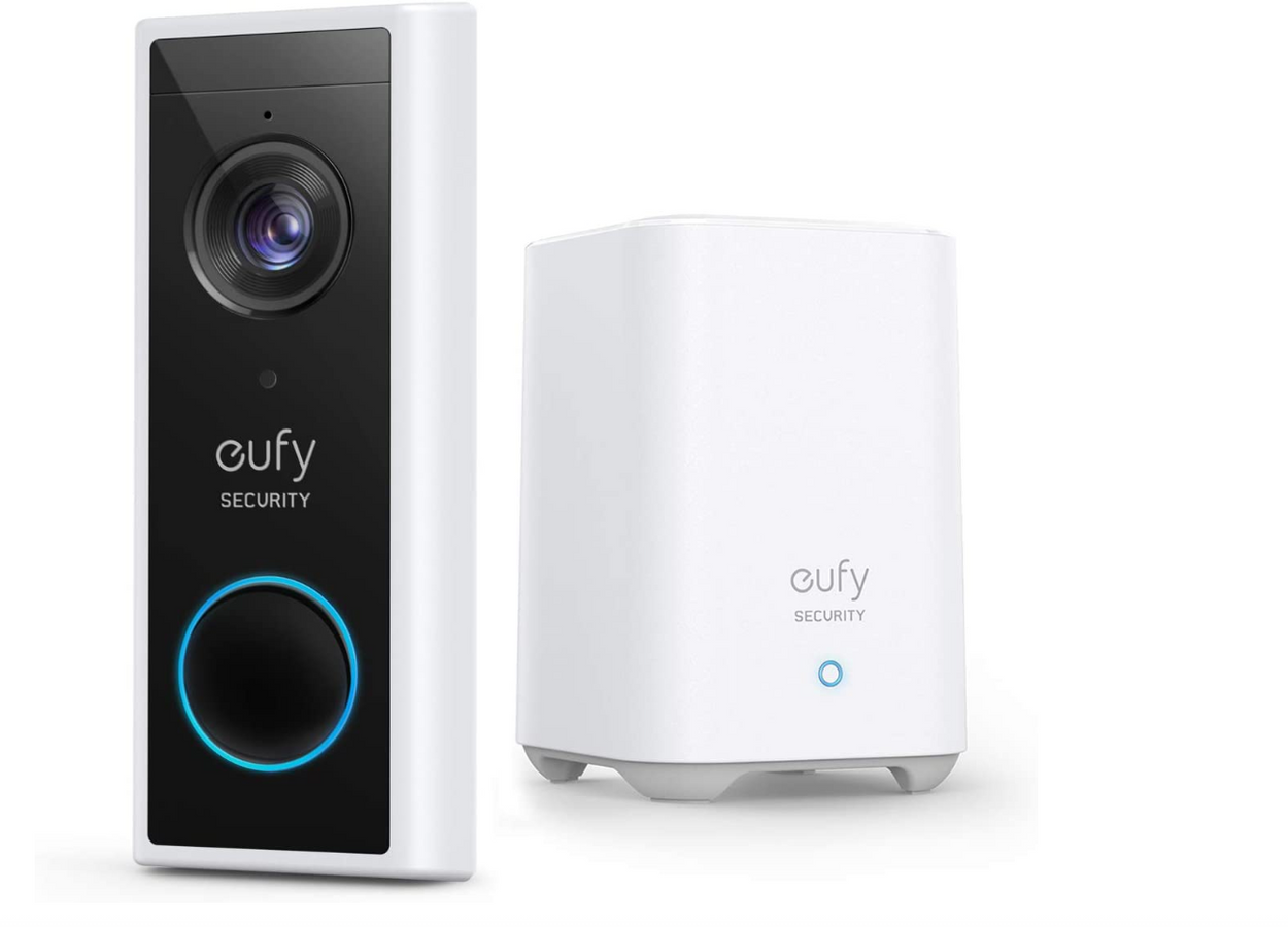 Eufy product image of a white and black camera doorbell next to a white plug-in box.
