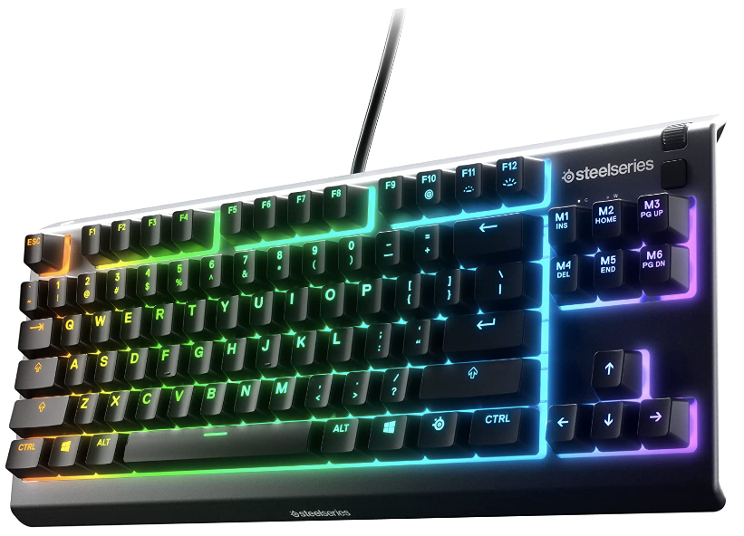 SteelSeries Apex 3 TKL product image of a black wired keyboard with multicoloured backlit keys.