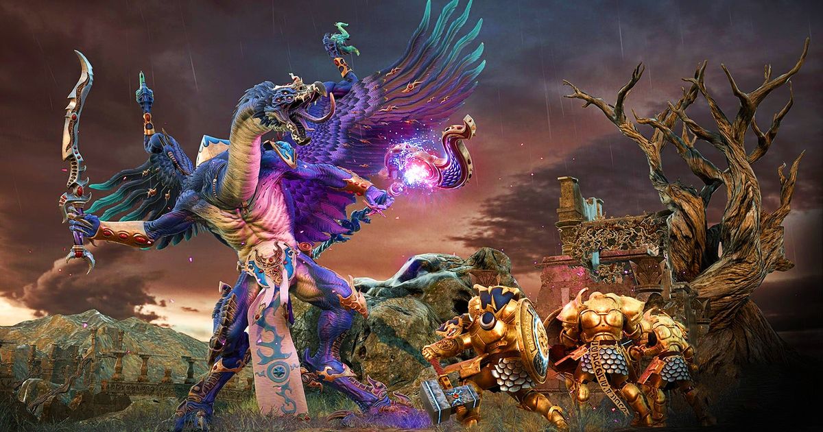 Warhammer Age of Sigmar: Realms of Ruin - large winged purple monster holding a staff and sword fights against men in gold armour